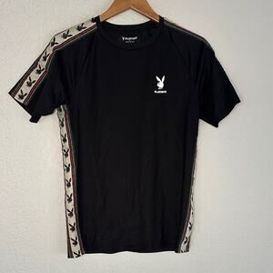 PLAYBOY Pac Sun Black T-Shirt Logo Side Stripes Bunny Hugh Hefner